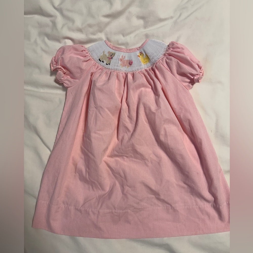 Ruth and Ralph | Easter Lamb, Bunny, Duck Smocked Pink Gingham Dress | 3T